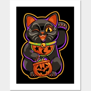 Halloween Lucky Black Cat Maneki Neko Posters and Art